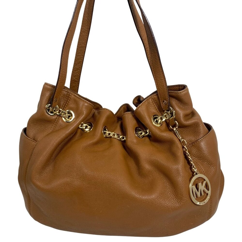 MICHAEL KORS Jet Set Chain Ring Large Tan Brown Leather Shoulder Tote Bag
